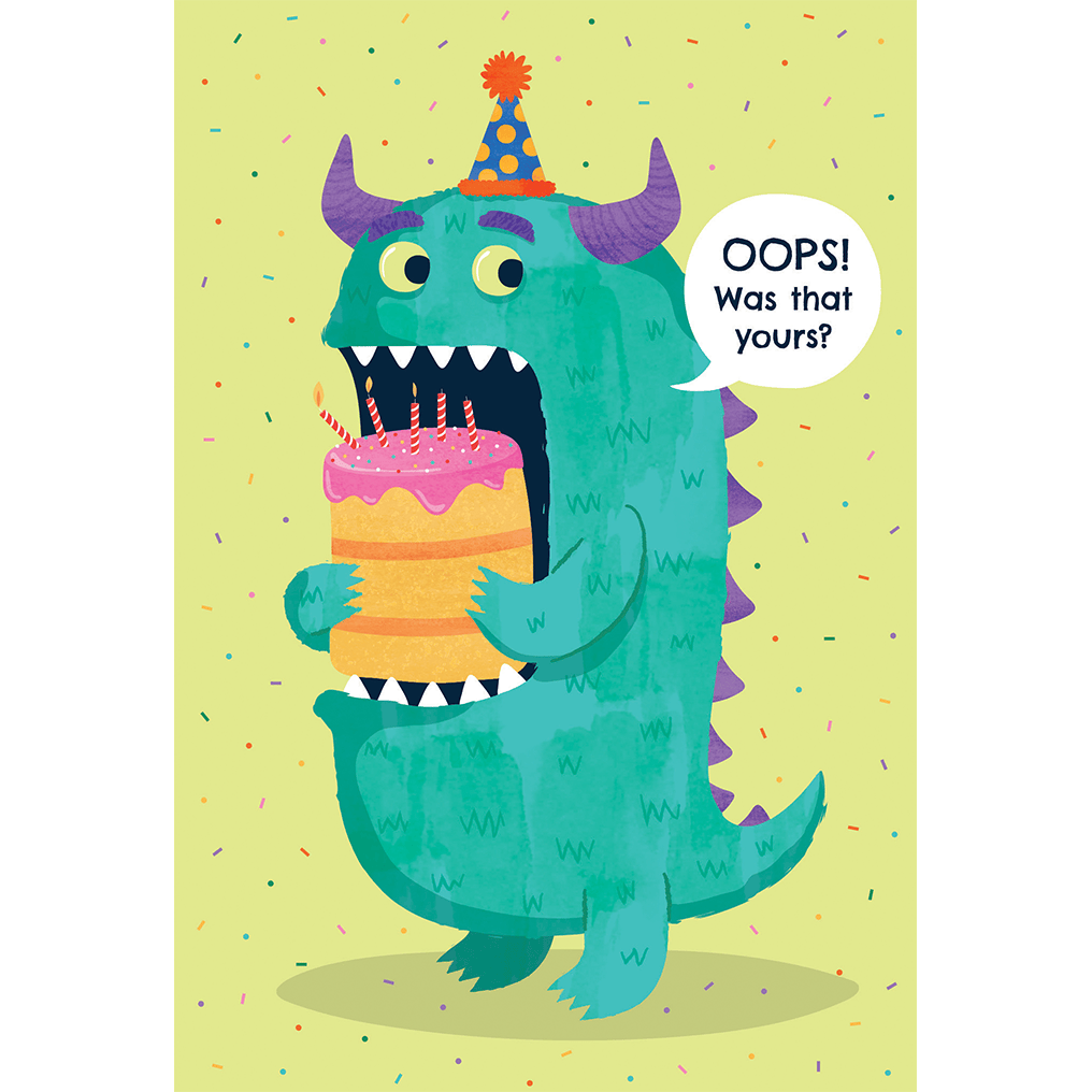 Colorful Cake Monster birthday card from Pictura featuring playful monster illustrations for celebration occasions.